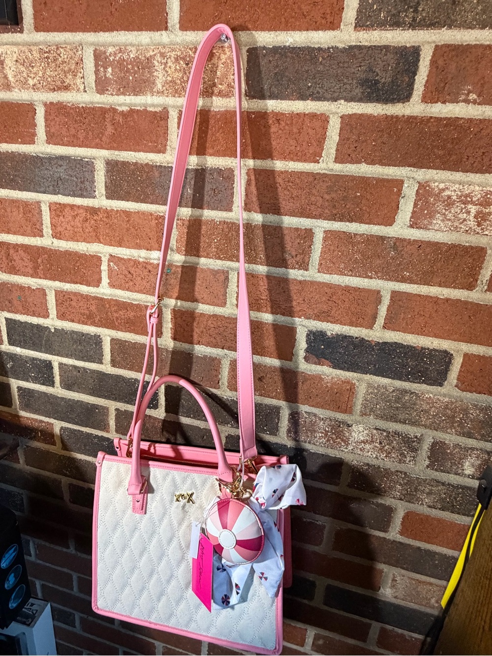 NWT Betsey Johnson Pink & Cream Quilted Tote Handbag with Scarf Accent - Picture 7 of 13
